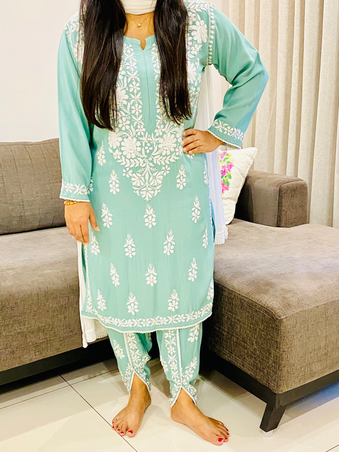 Army Green Sangria Premium Rayon Chikankari Solid Women's Kurta-Dhoti Set