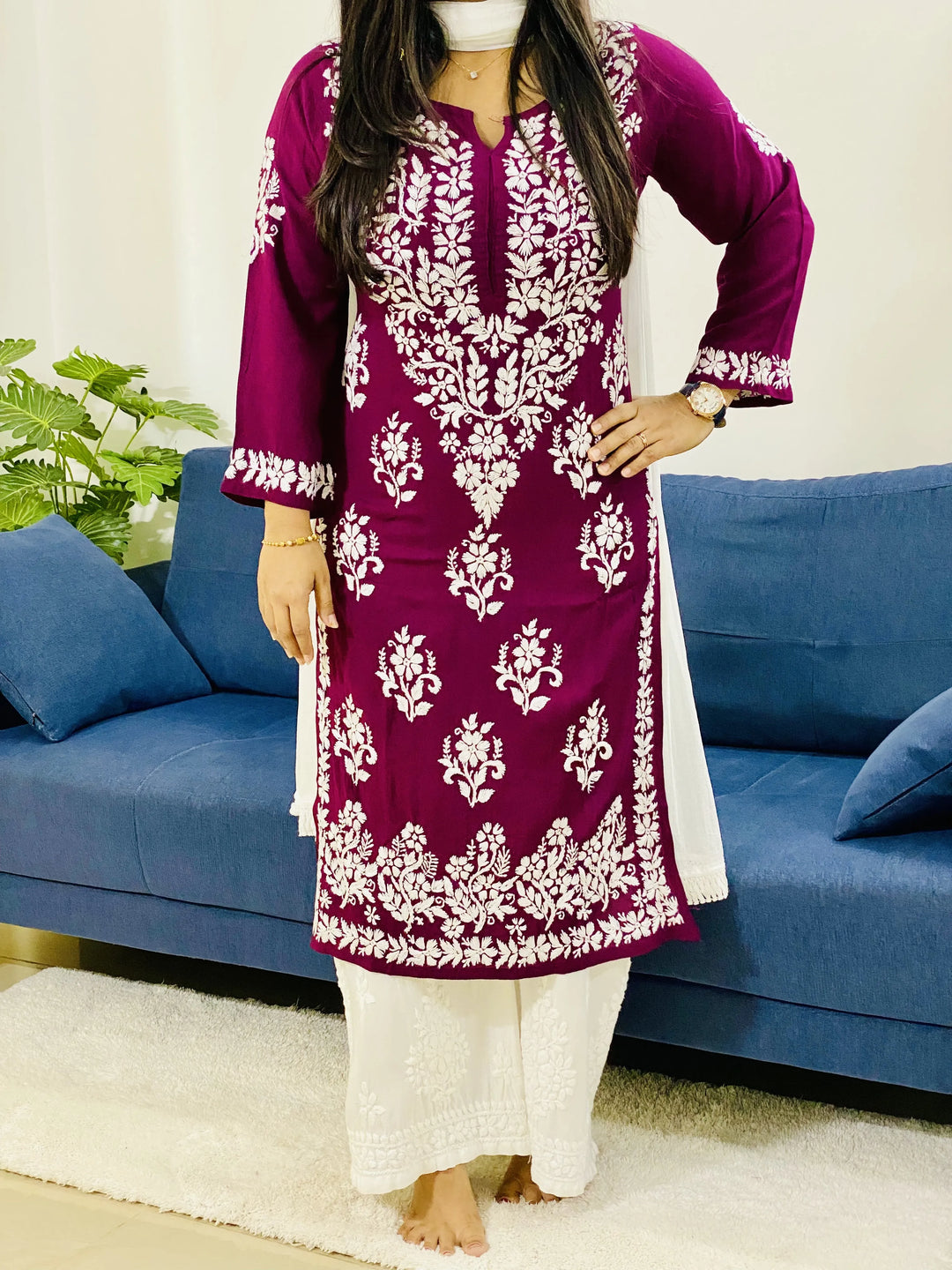 Wine Alba Modal Chikankari Solid Women's Long Kurta