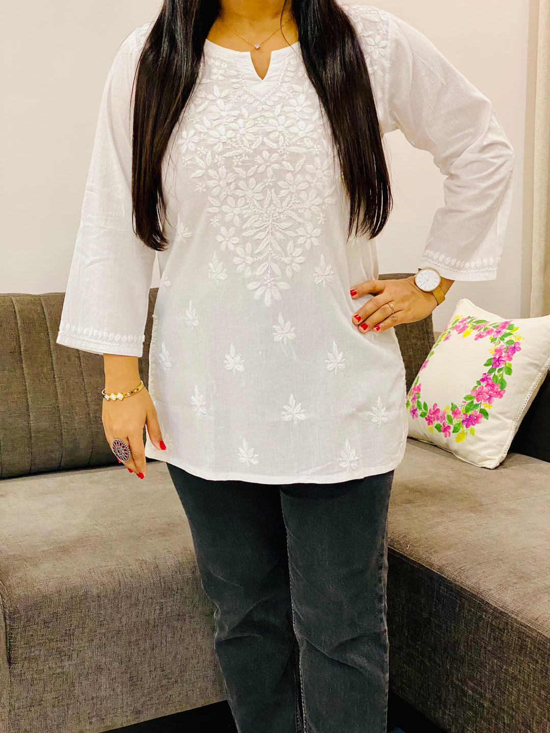 White Ekra Cotton Chikankari Solid Women's Short Kurta