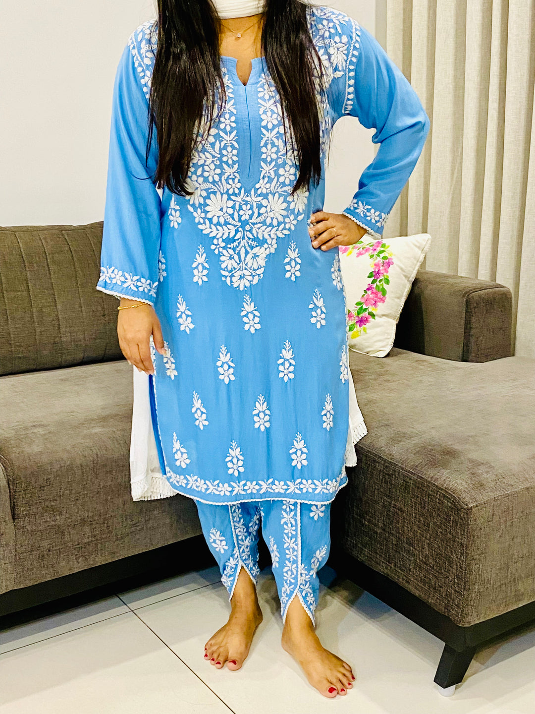 Powder Blue Sangria Premium Rayon Chikankari Solid Women's Kurta-Dhoti Set
