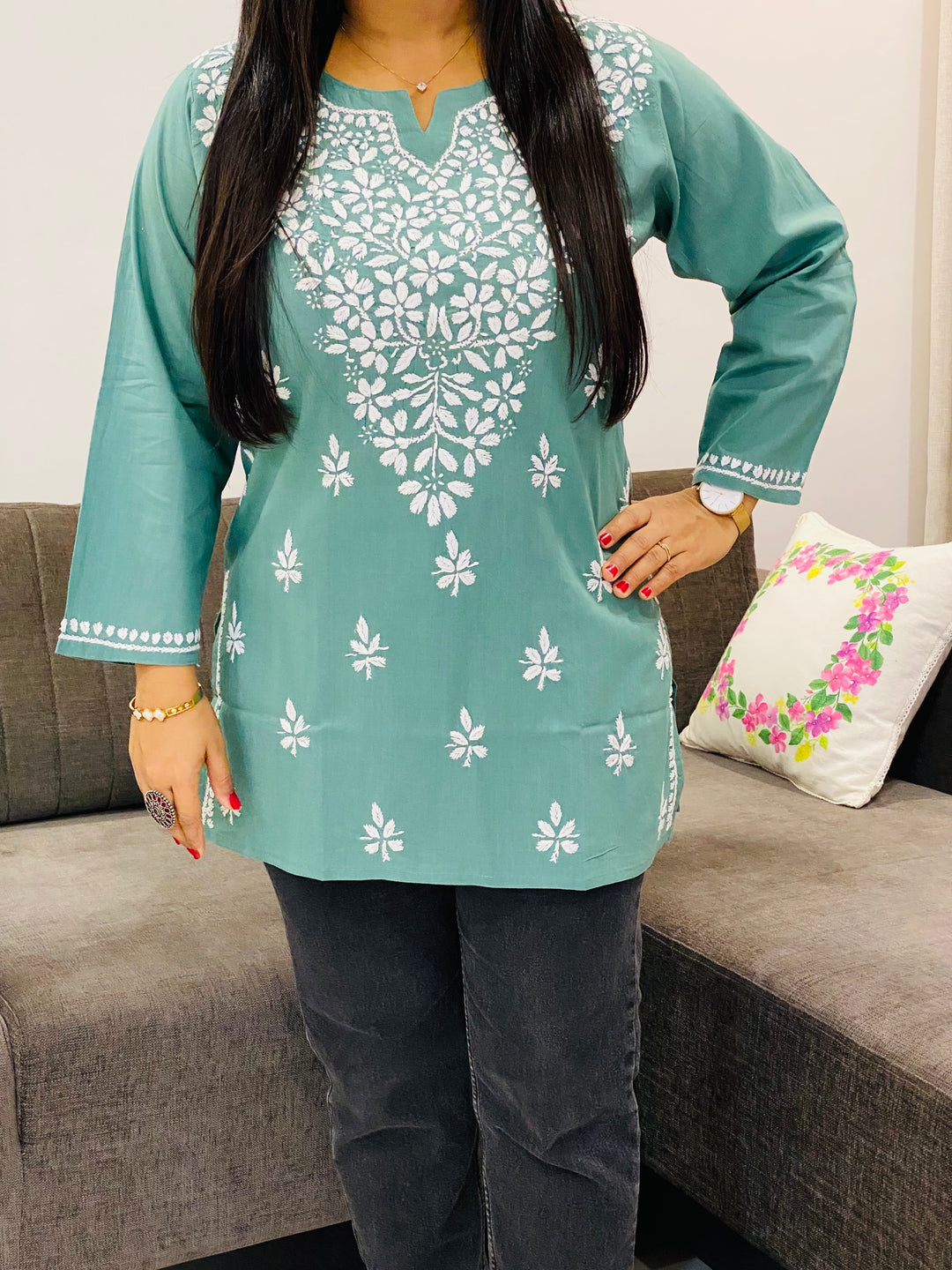 Army Green Ekra Cotton Chikankari Solid Women's Short Kurta