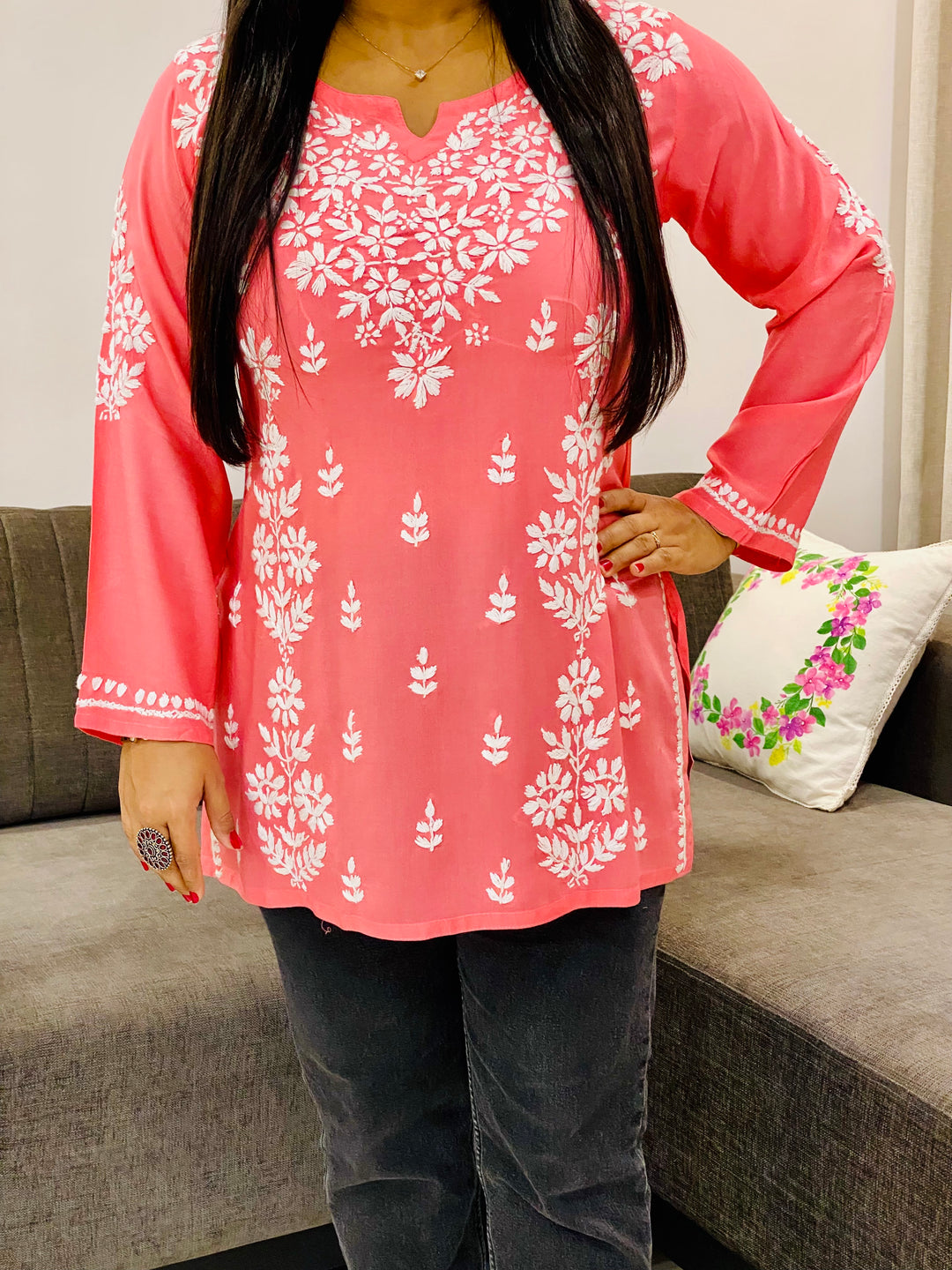 Peach Ayat Chikankari Handwork Women's Modal Short Kurta