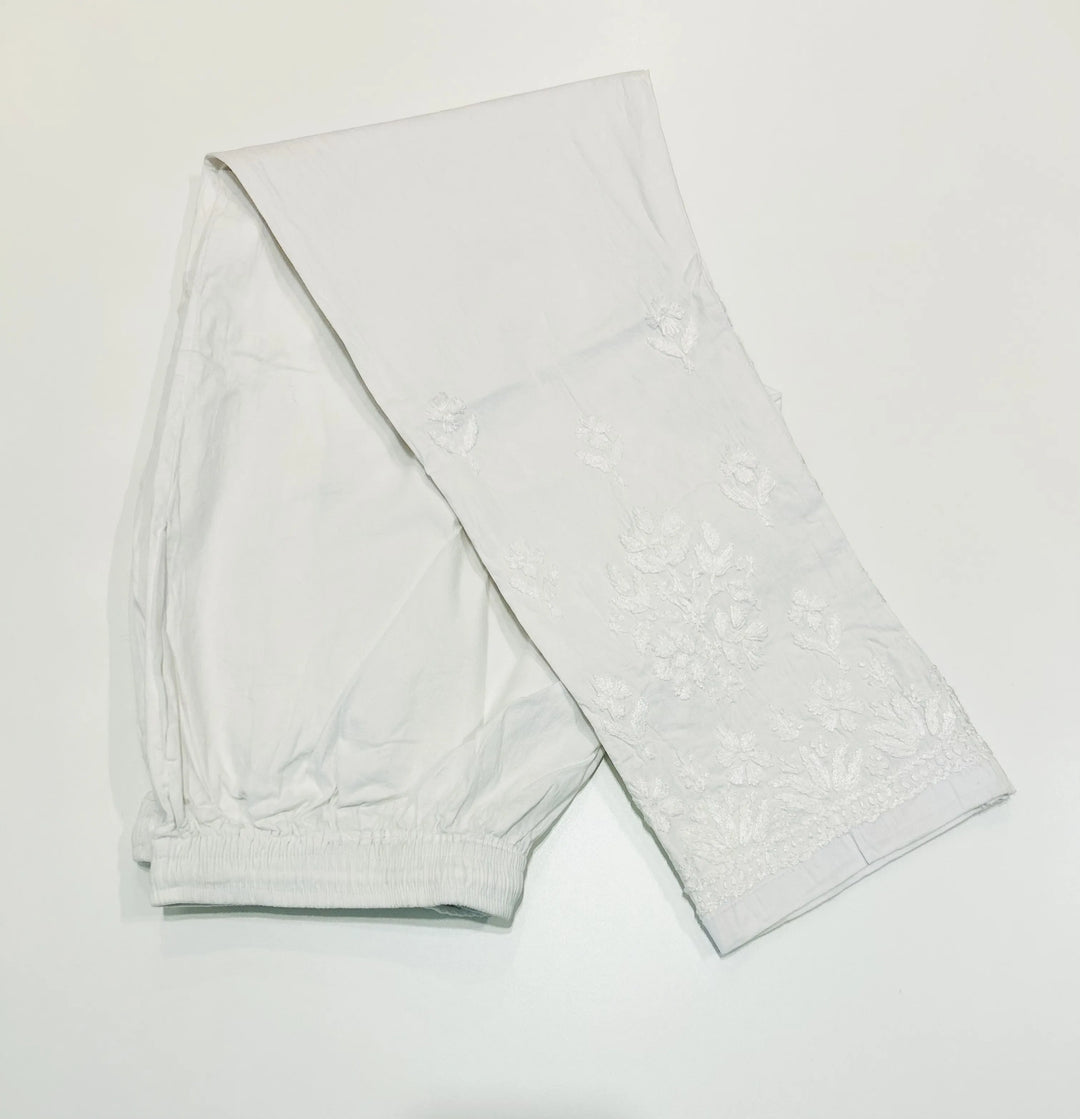 White Ghaspatti Lycra Cotton Chikankari Hand Embroidered Women's White Pant