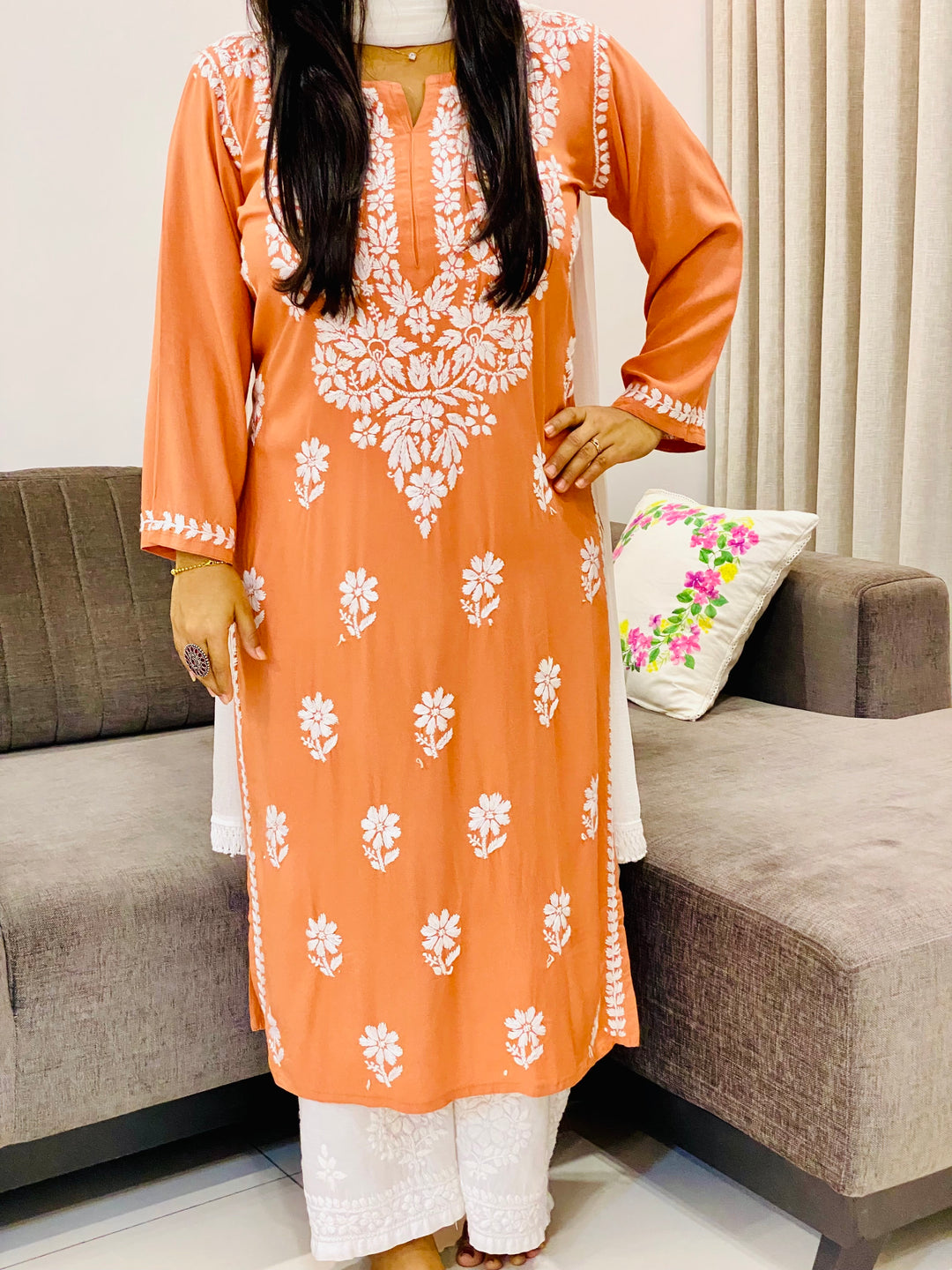 Peach Evana Rayon Chikankari Handwork Women's Solid Long Straight Kurta