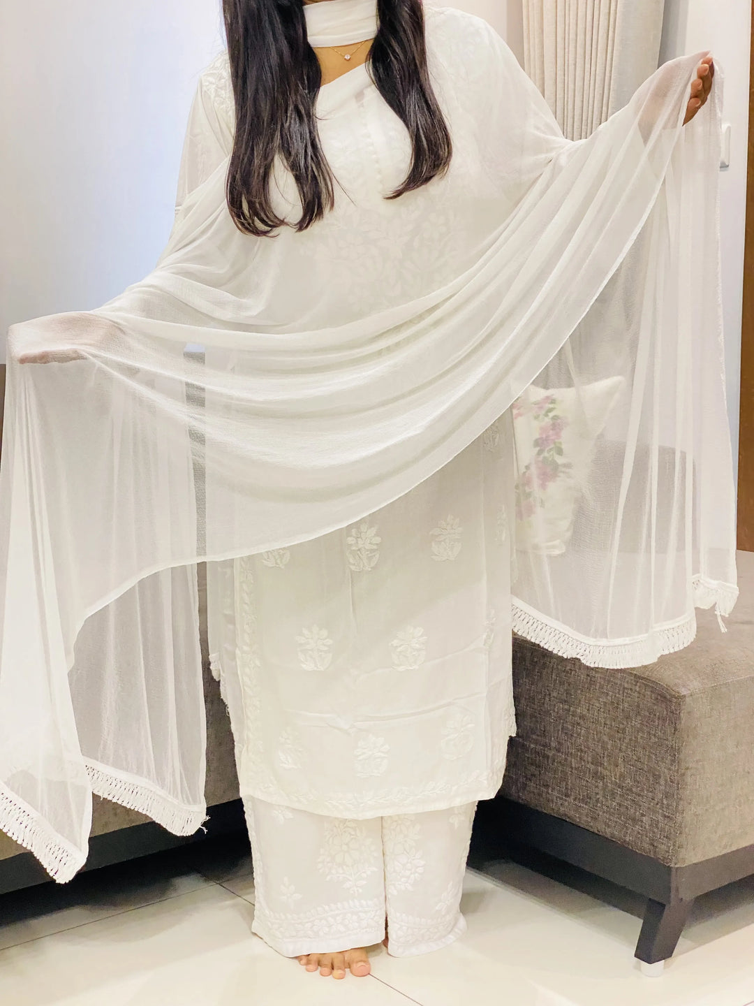 White Plain Chiffon Chikankari Dupatta