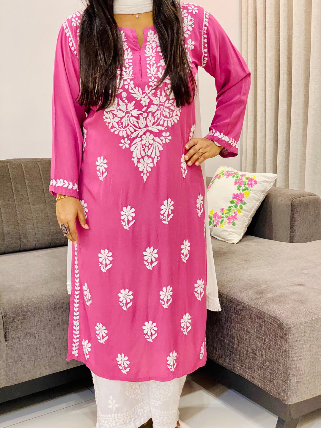 Dark Pink Evana Rayon Chikankari Handwork Women's Solid Long Straight Kurta