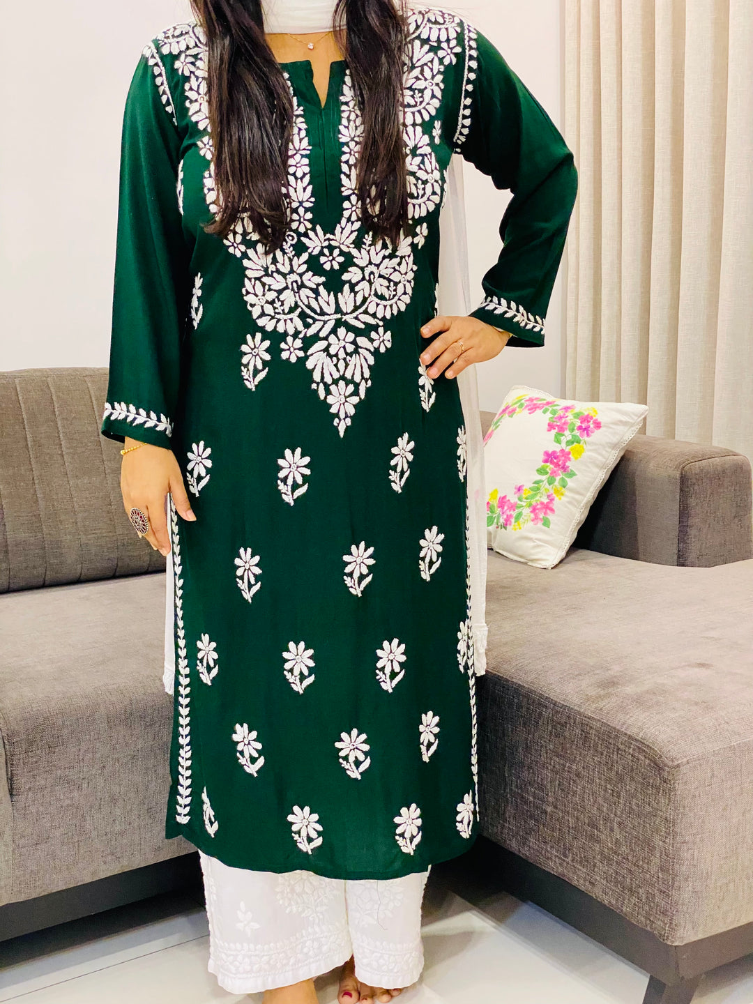 Bottle Green Evana Rayon Chikankari Handwork Women's Solid Long Straight Kurta