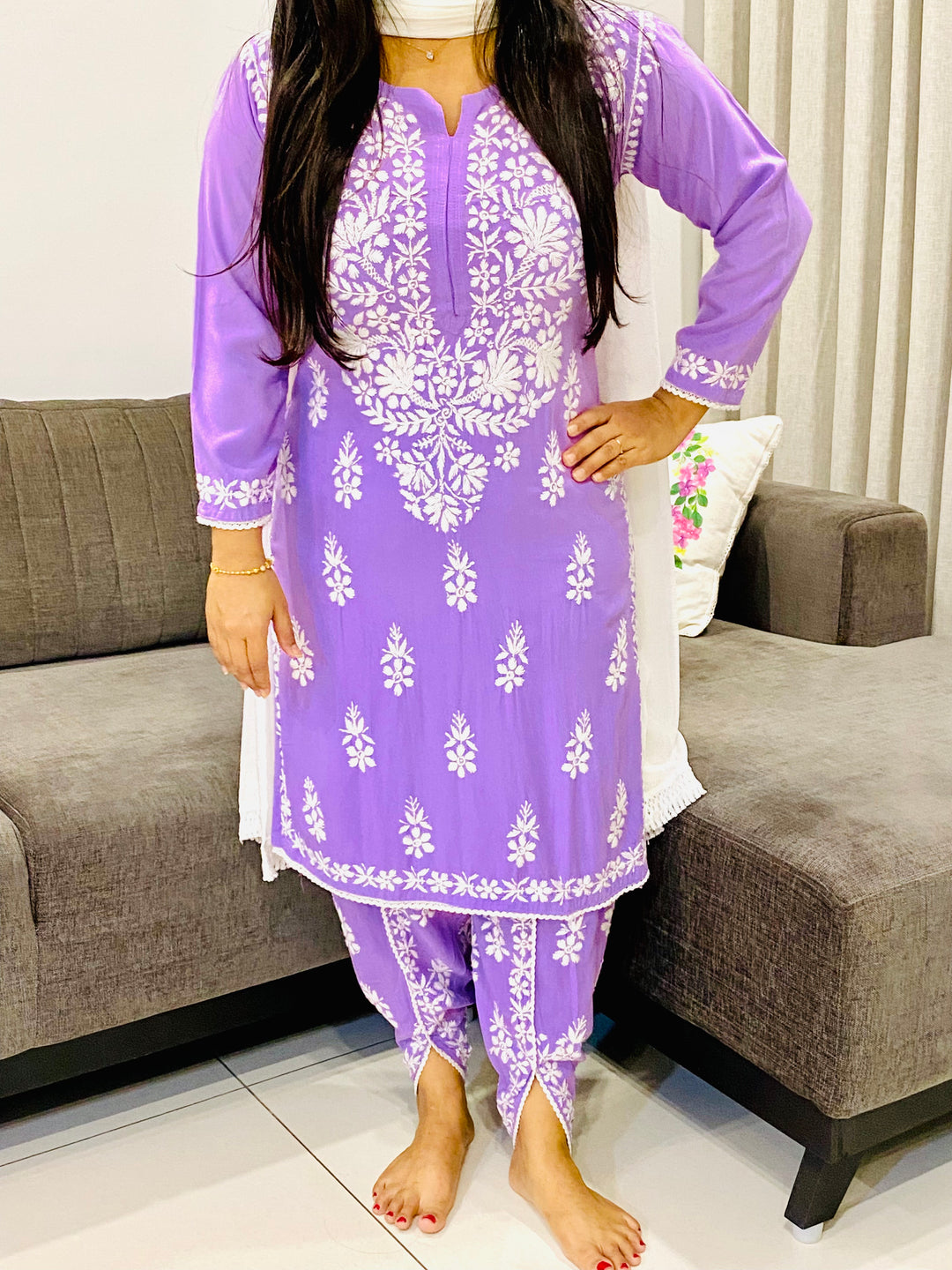 Lavender Sangria Premium Rayon Chikankari Solid Women's Kurta-Dhoti Set