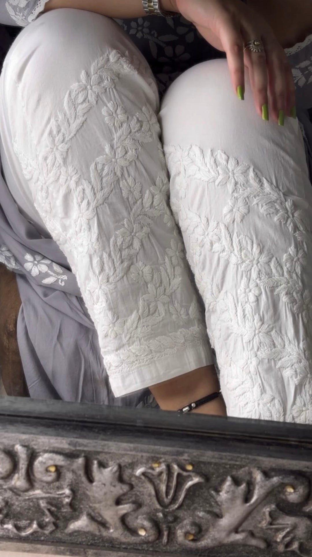 White Heavy Jaal Chikankari Hand Embroidered Lycra Pant