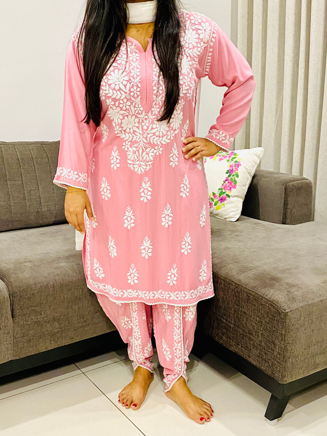 Baby Pink Sangria Premium Rayon Chikankari Solid Women's Kurta-Dhoti Set