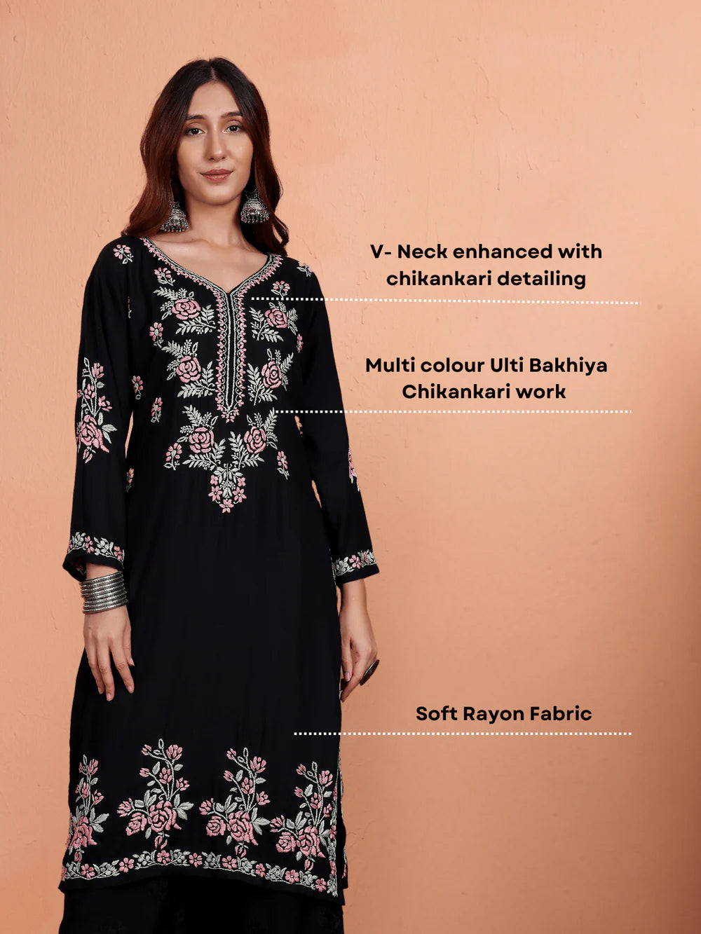 Black Irya Rayon Chikankari Hand Embroidered Women's Long Kurta