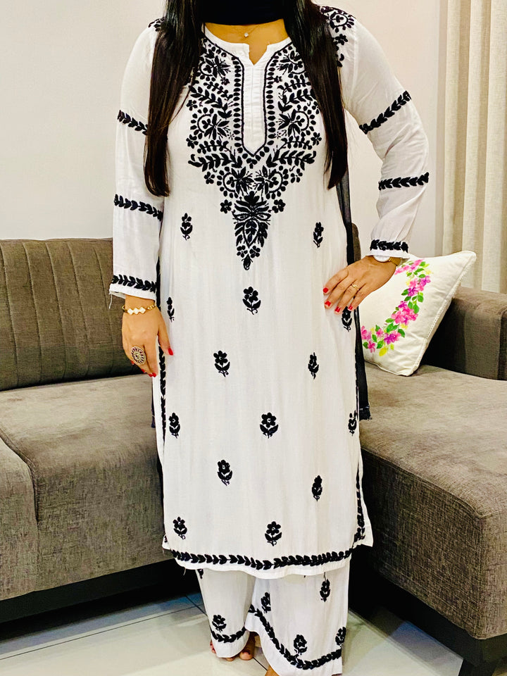 White Sheela Premium Modal Chikankari Women's Solid Long Kurta Palazzo set