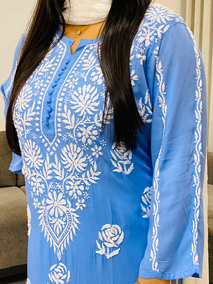 Powder Blue Naaz Premium Modal Chikankari Women's Solid Long Kurta