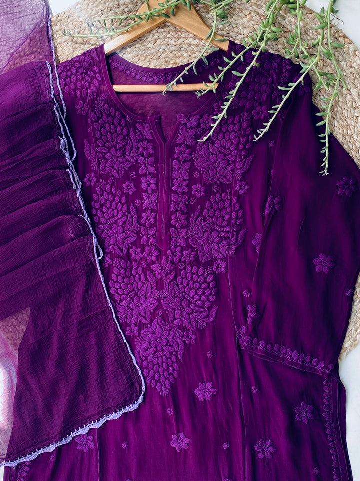 Purple Zoya Viscose Chikankari Kurta with Dupatta