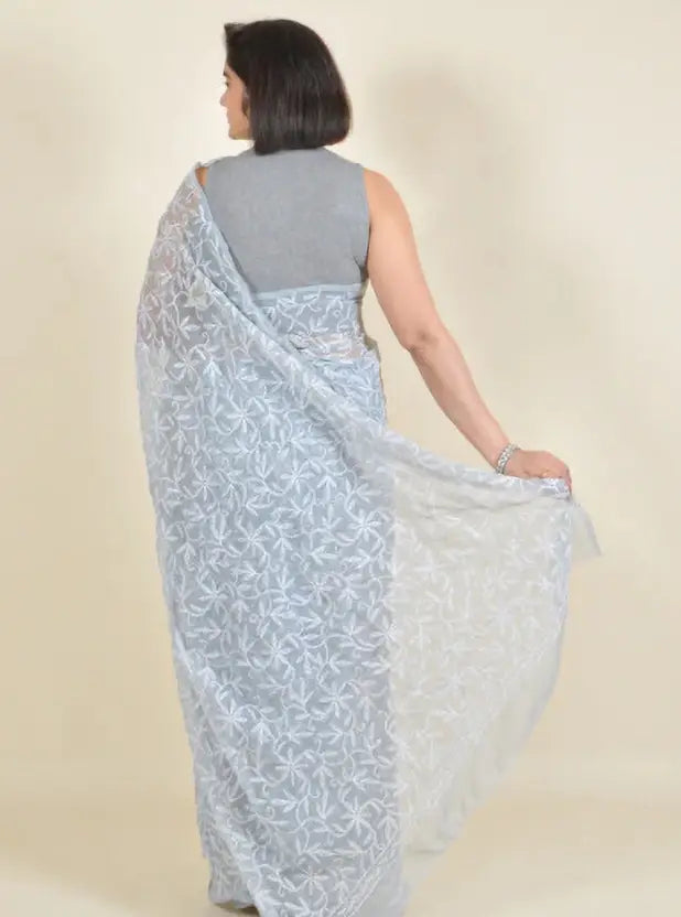 Hansa Tapchi Chikankari Hand Embroidered Women's Saree - Grey