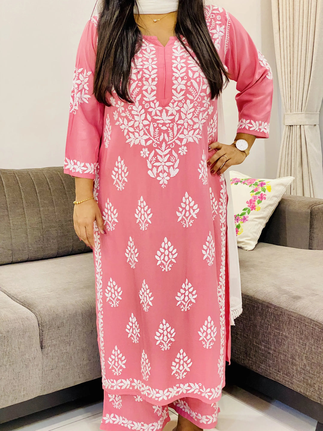 Onion Ritika Rayon Chikankari Solid Women's Long Kurta Palazzo Set