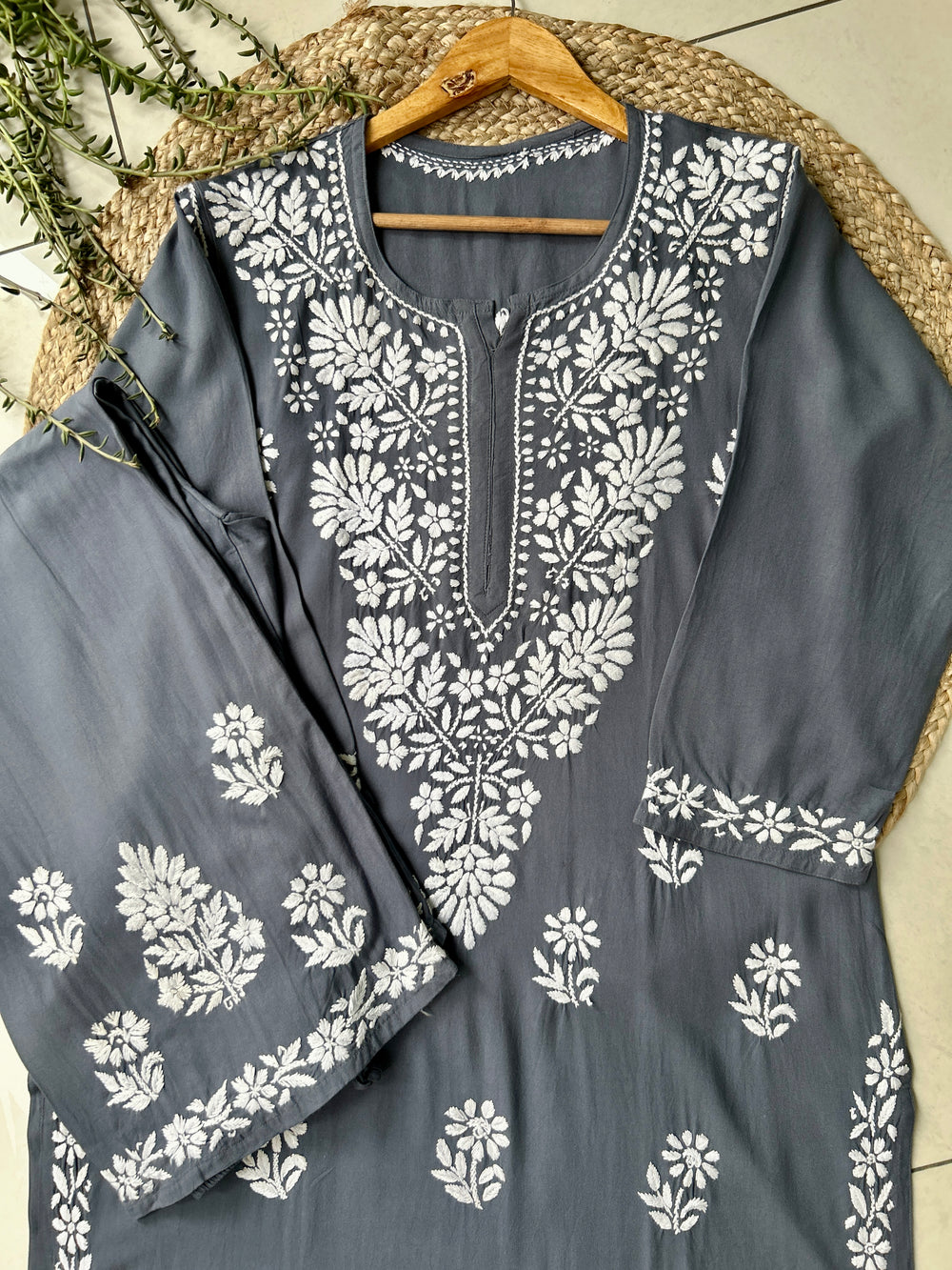 Charcoal Sangriya Rayon Chikankari Handwork women kurta palazzo set