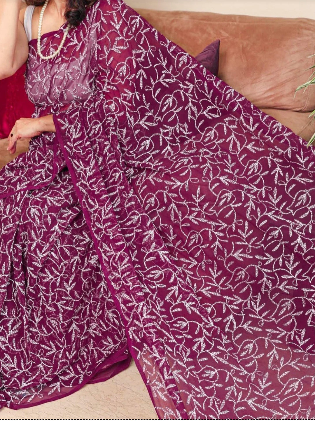 Hansa Tapchi Chikankari Hand Embroidered Women's Saree - Wine