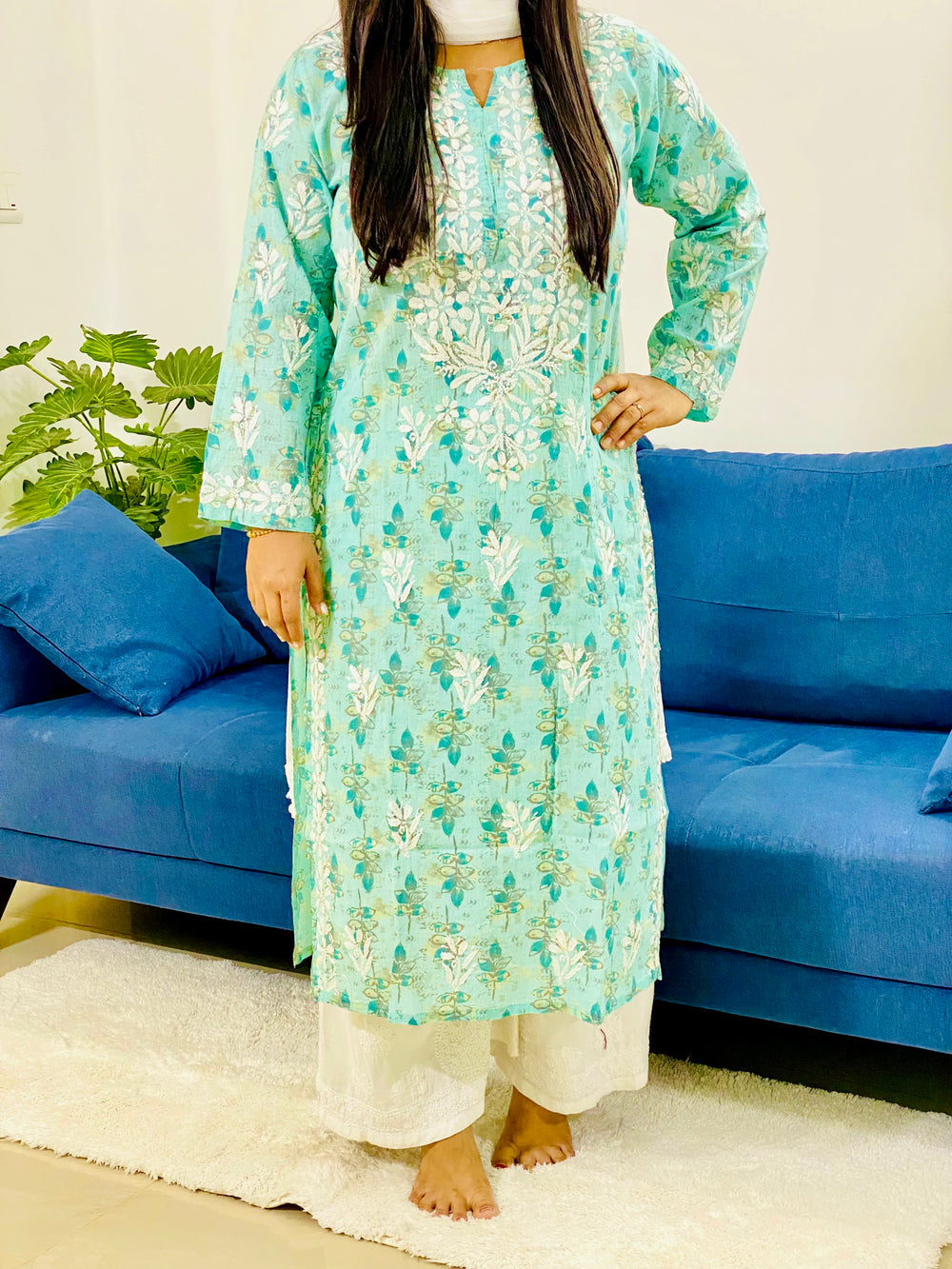 Mint Blue Inayat Cotton Chikankari Hand Embroidered Women's Long Kurta