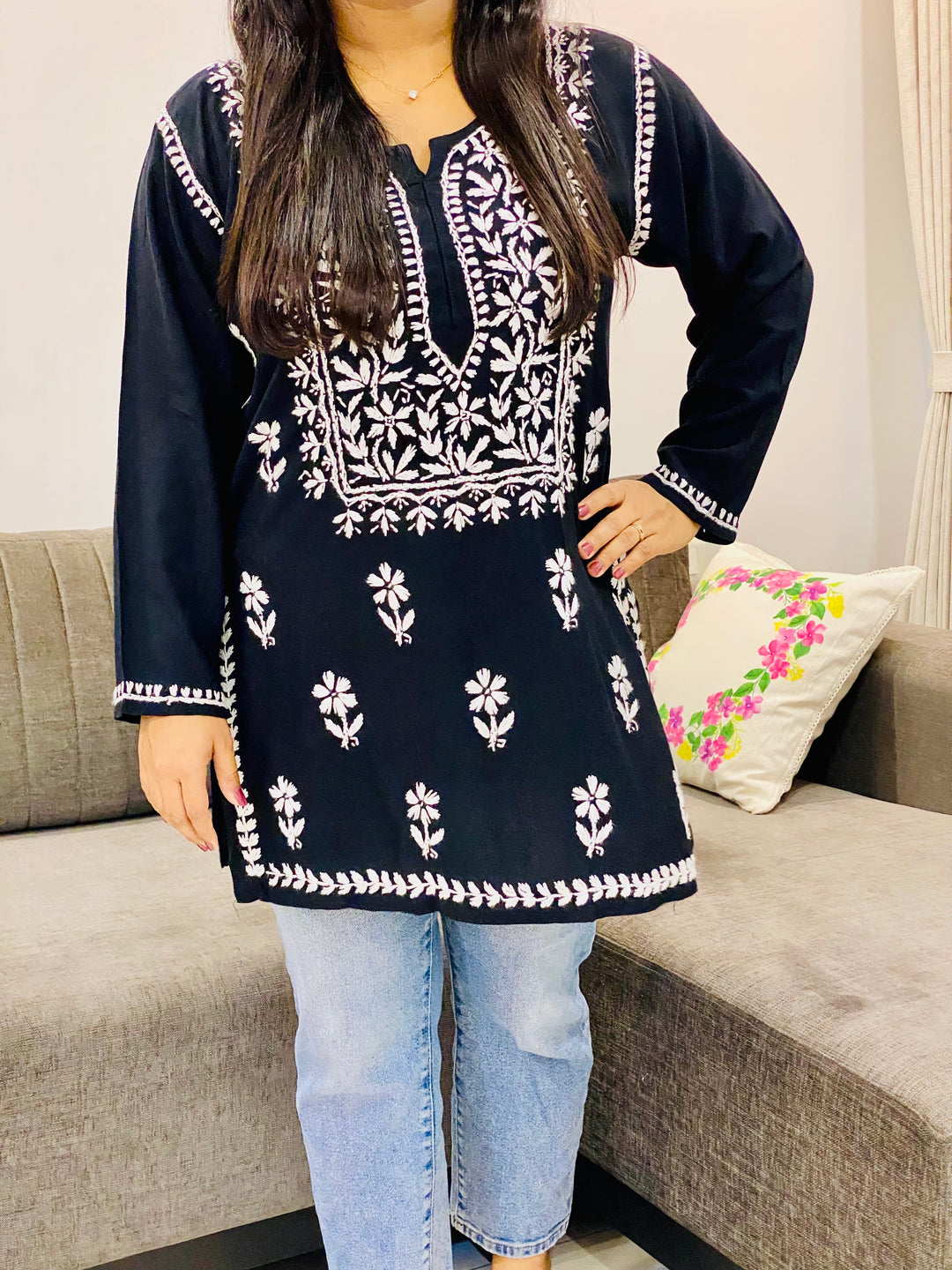 Black isha Rayon Chikankari Handwork Solid Women's Short Kurta