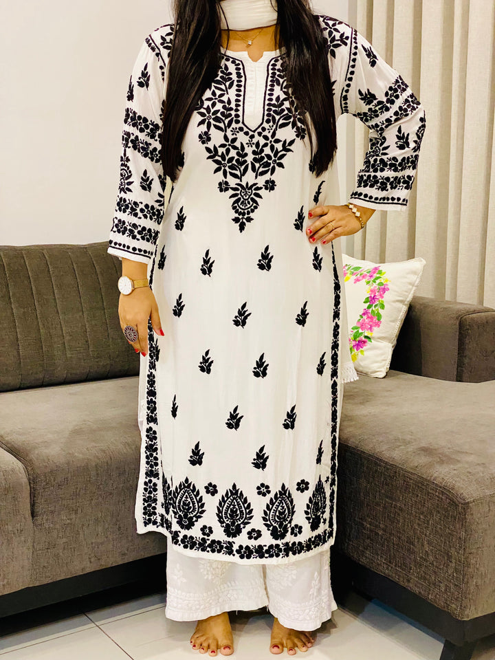 White Sanchi Rayon Chikankari Hand Embroidered Women's Solid Long Kurta
