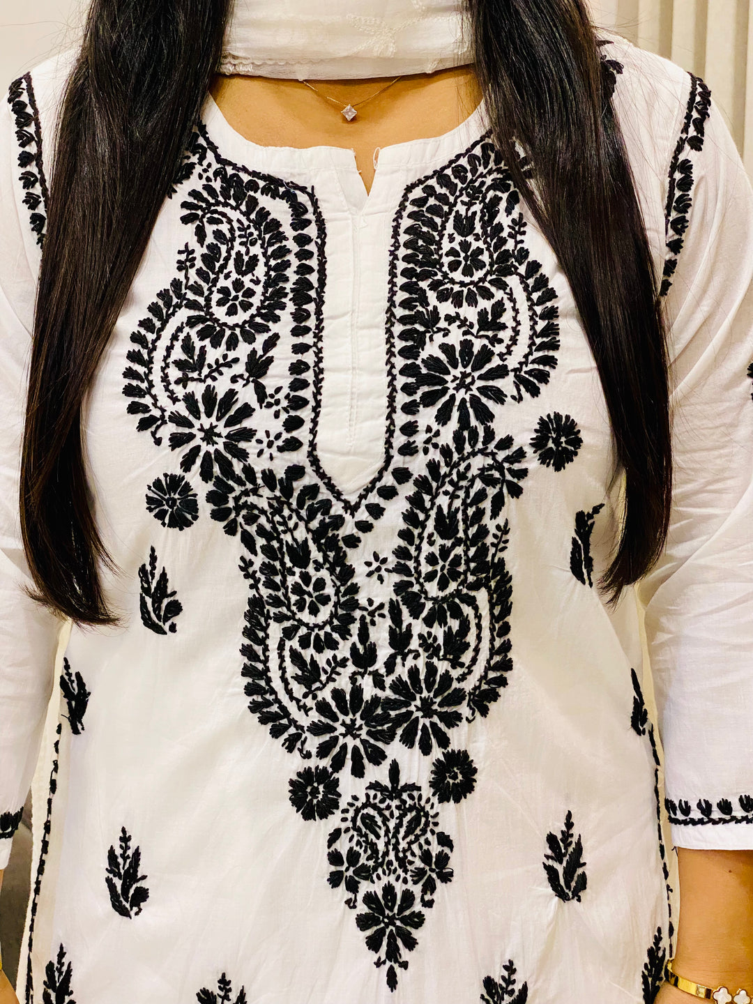 White Weda Mulmul Cotton Chikankari Women's Solid Long Kurta