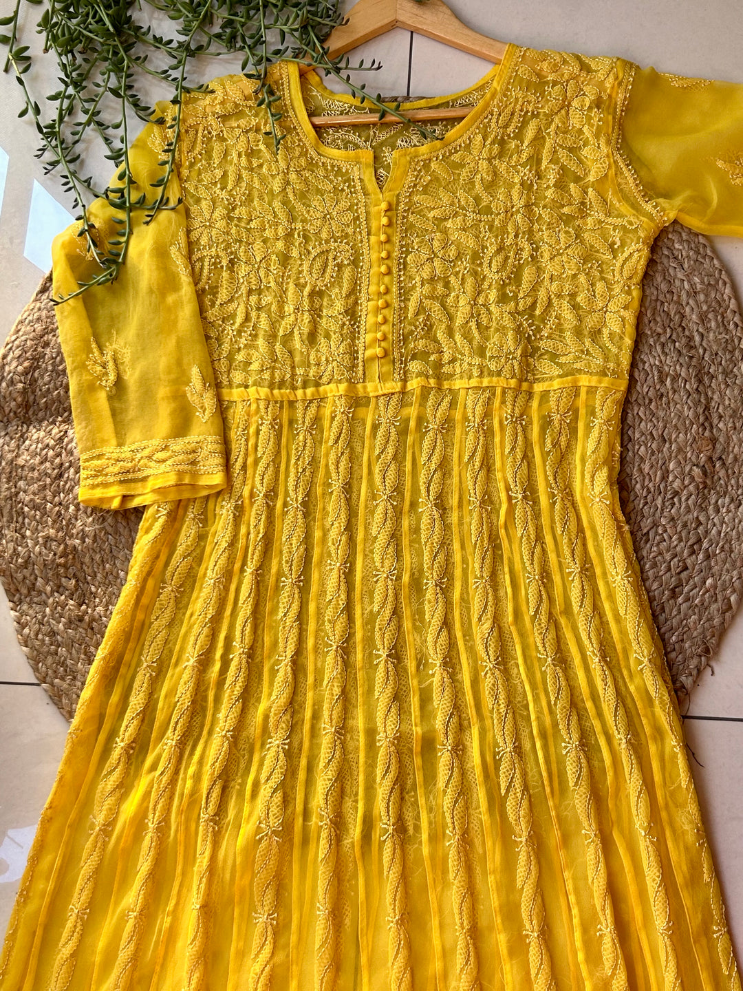 Yellow Tara Resham Chikankari Hand Embroidered Women's Yog Anarkali Kurta