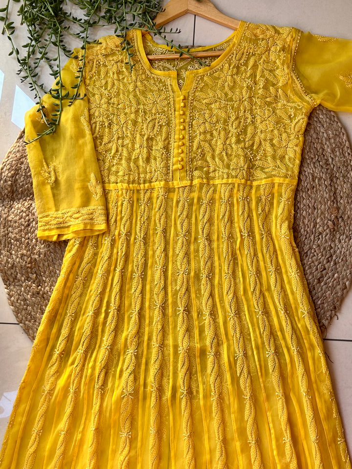 Yellow Tara Resham Chikankari Hand Embroidered Women's Yog Anarkali Kurta