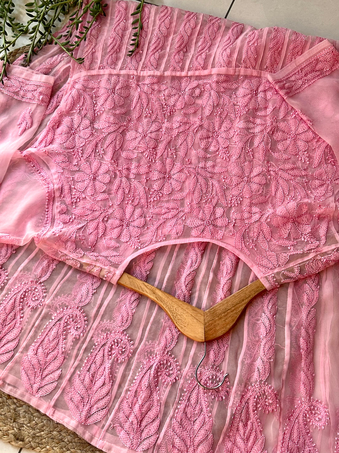 Baby Pink Tara Resham Chikankari Hand Embroidered Women's Yog Anarkali Kurta