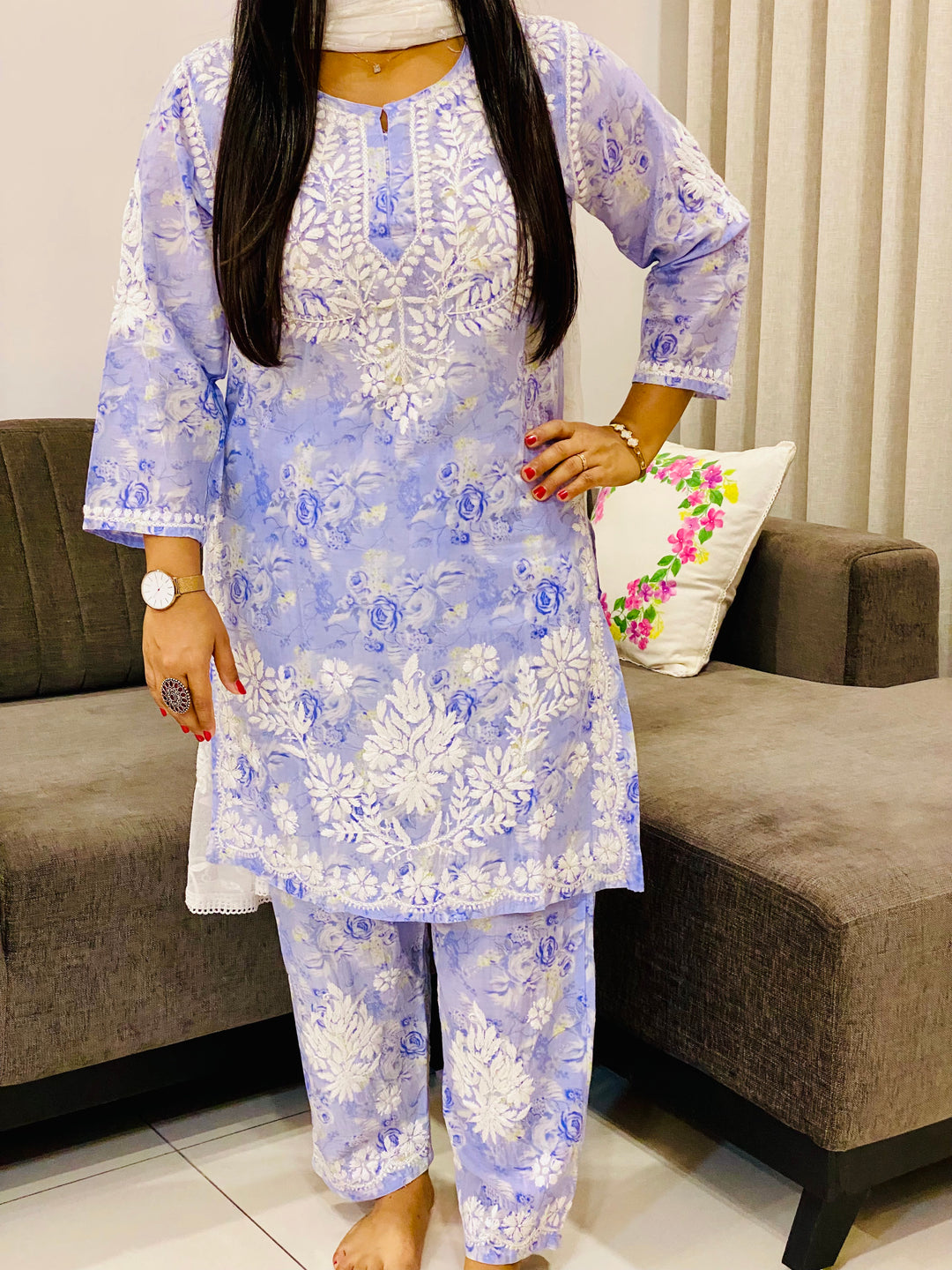 Lavender Vaani Mulmul Chikankari Hand Embroidered Floral Women's co-ord set
