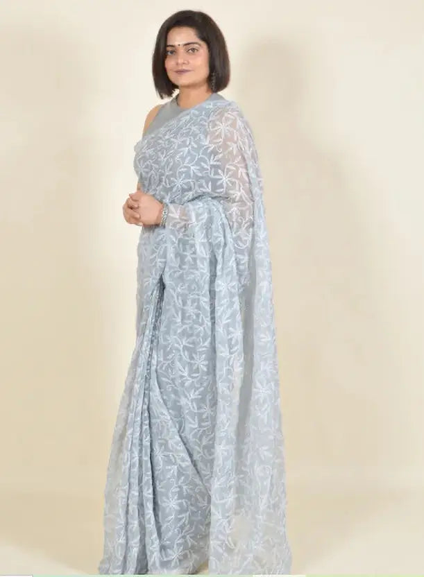 Hansa Tapchi Chikankari Hand Embroidered Women's Saree - Grey