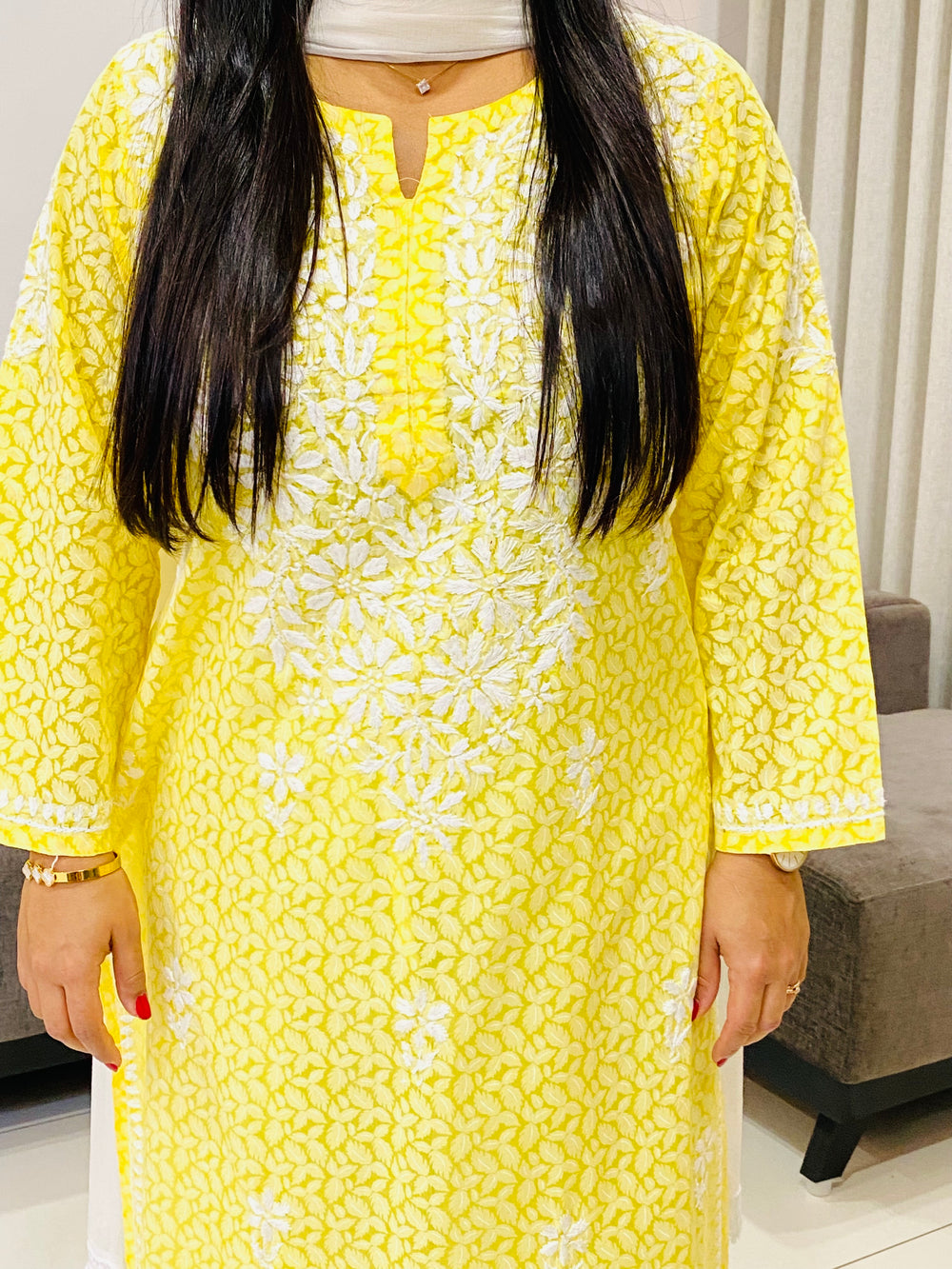 Yellow Aadita Mulmul Cotton Chikankari Handwork Women's Floral Long Kurta