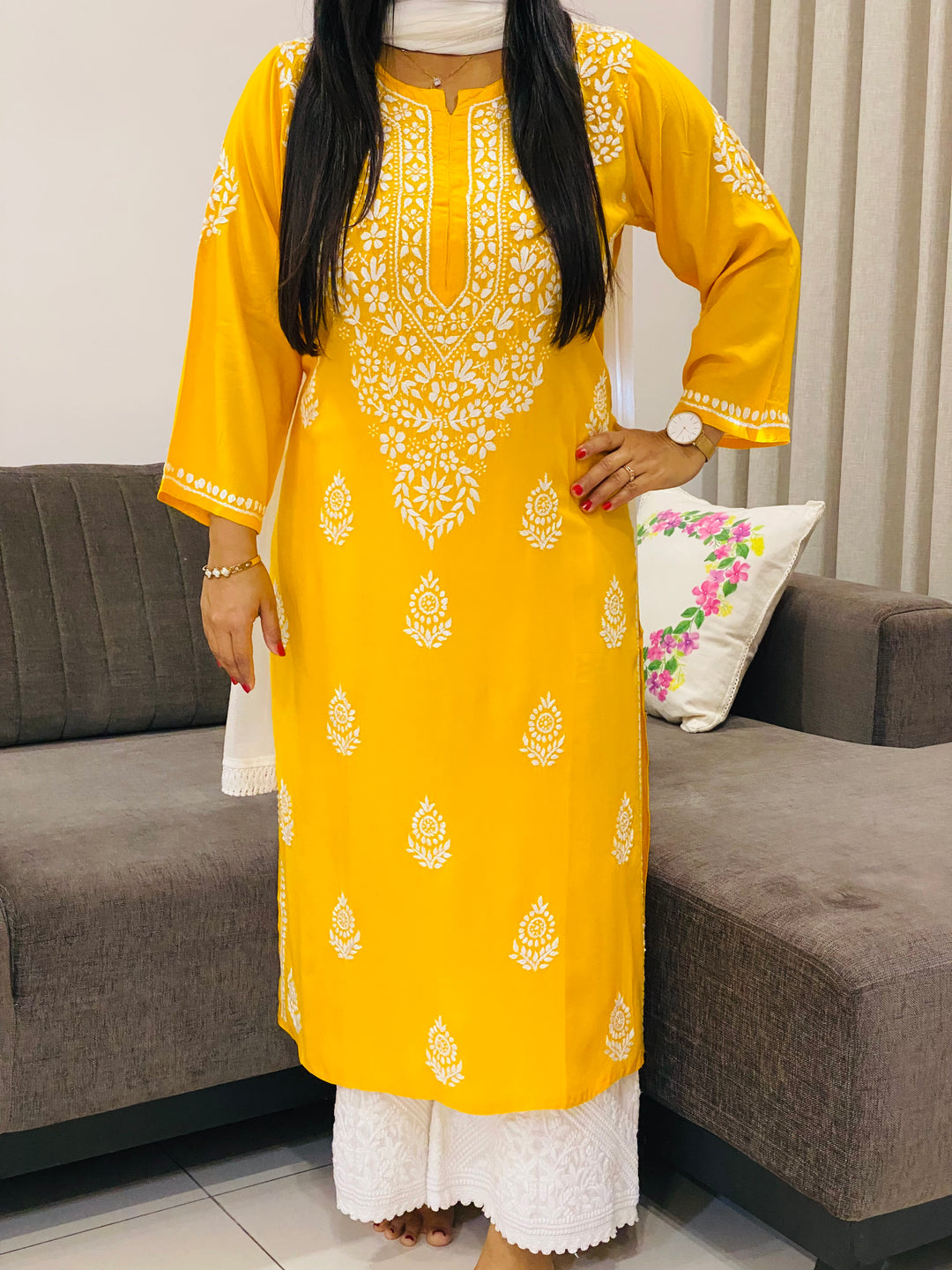 Yellow Niya Premium Modal Chikankari Solid Women's Long Kurta