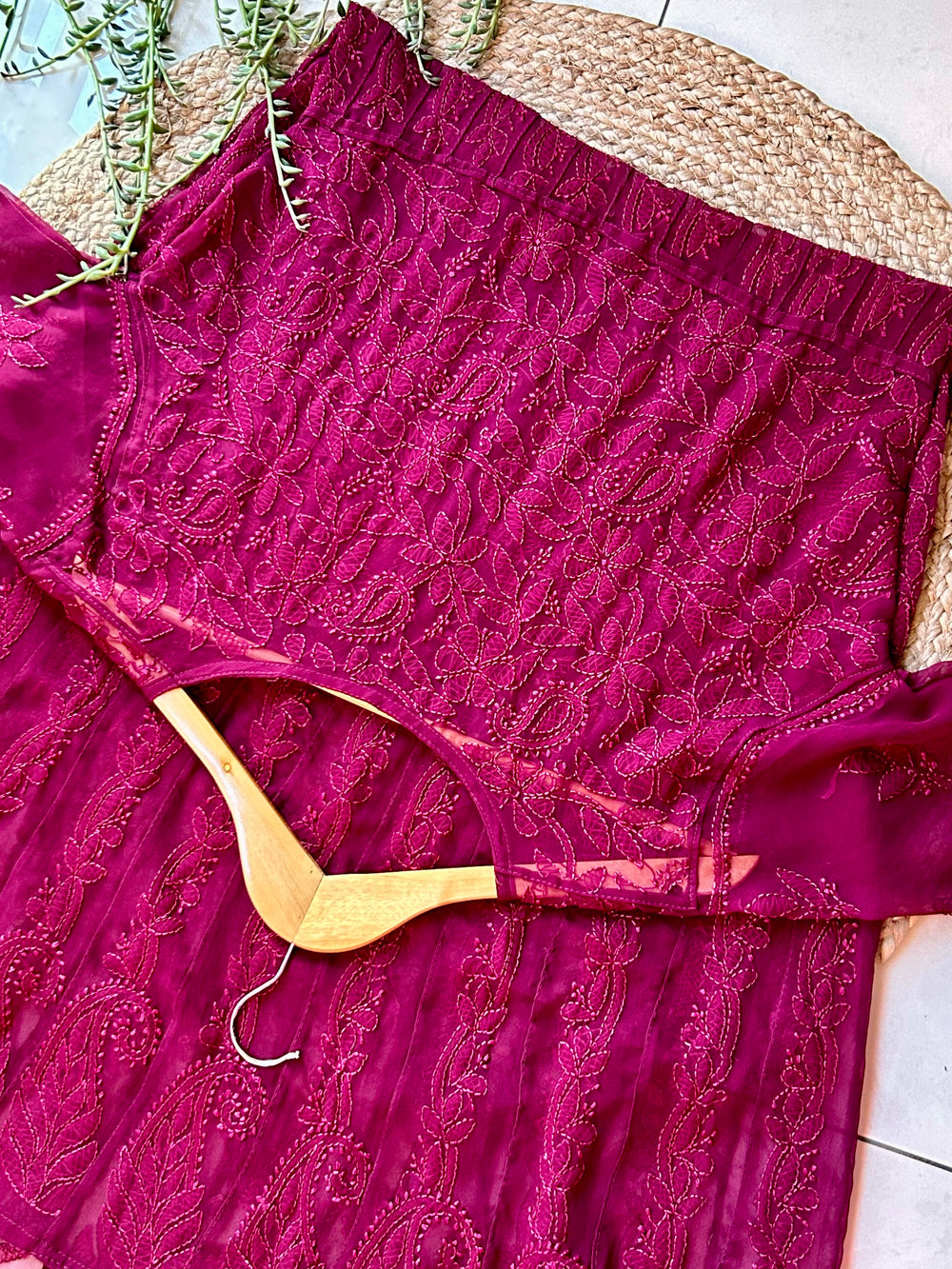 Wine Tara Resham Chikankari Hand Embroidered Women's Yog Anarkali Kurta