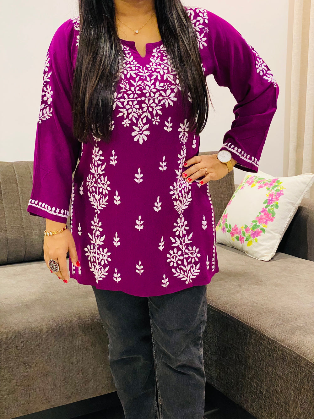 Wine Ayat Chikankari Handwork Women's Modal Short Kurta