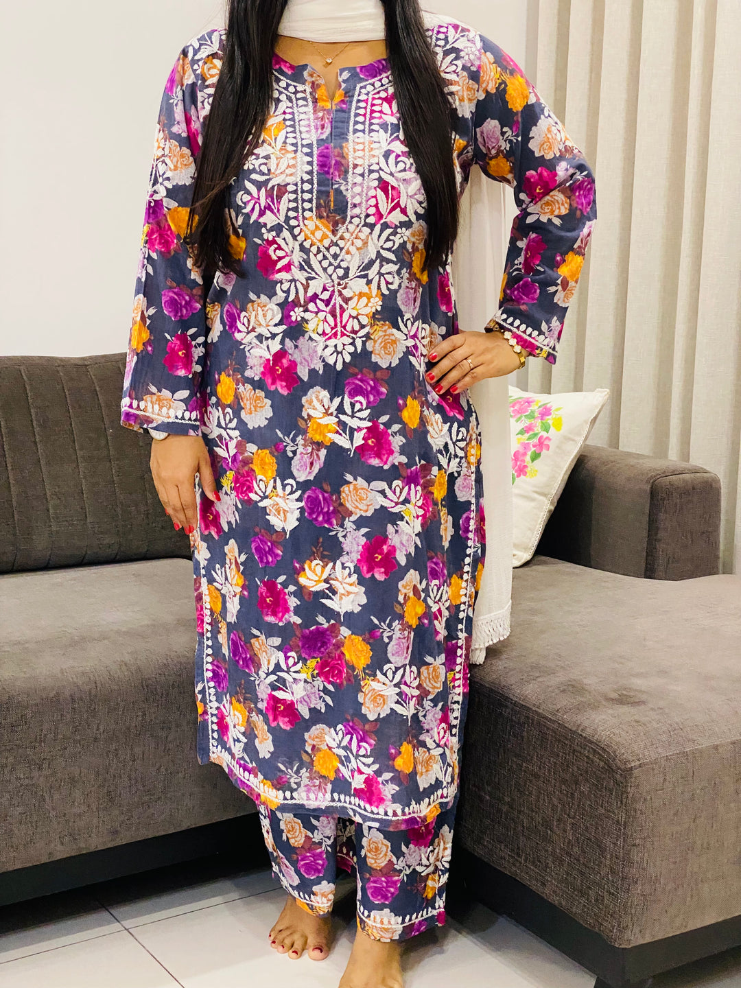 Charcoal Diana Mulmul Chikankari Floral Women's Long Kurta Palazzo Set