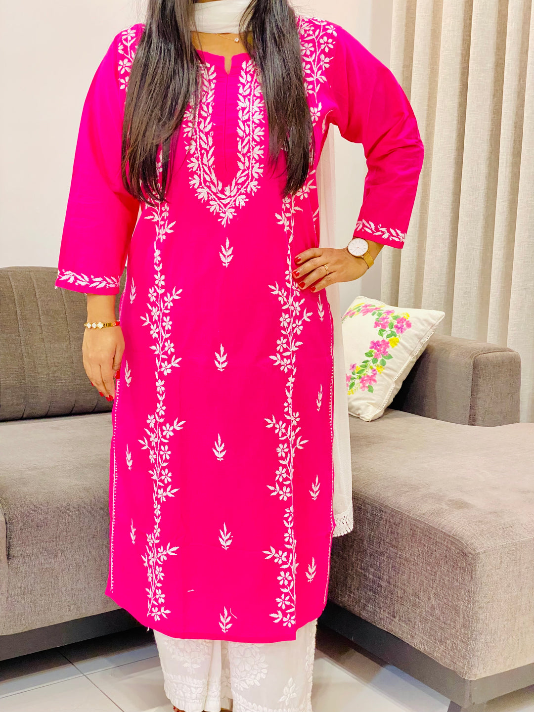 Magenta Ahana Cotton Chikankari Women's Solid Long Kurta