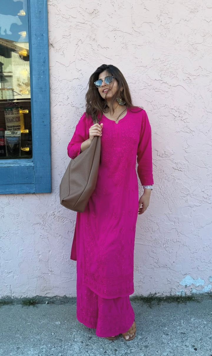 Rani Pink Palak Premium Chikankari Hand Embroidered Kurta Palazzo Set