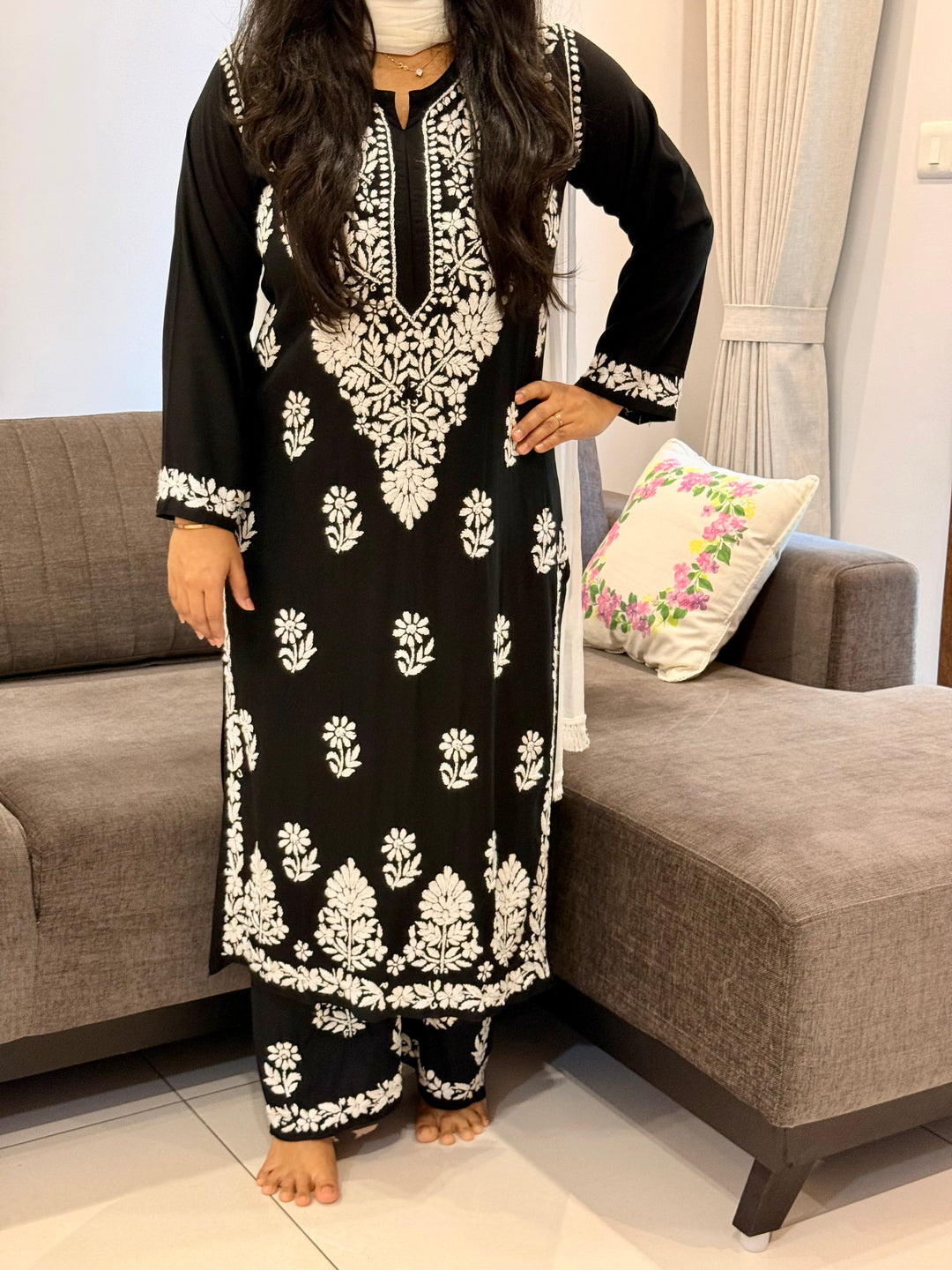 Black Sangriya Rayon Chikankari Handwork women kurta palazzo set