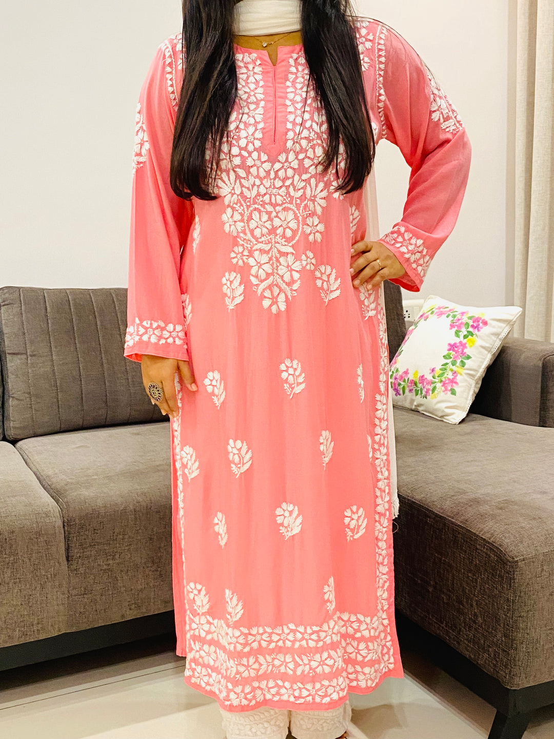 Peach Bela Premium Modal Chikankari Solid Women's Long Kurta