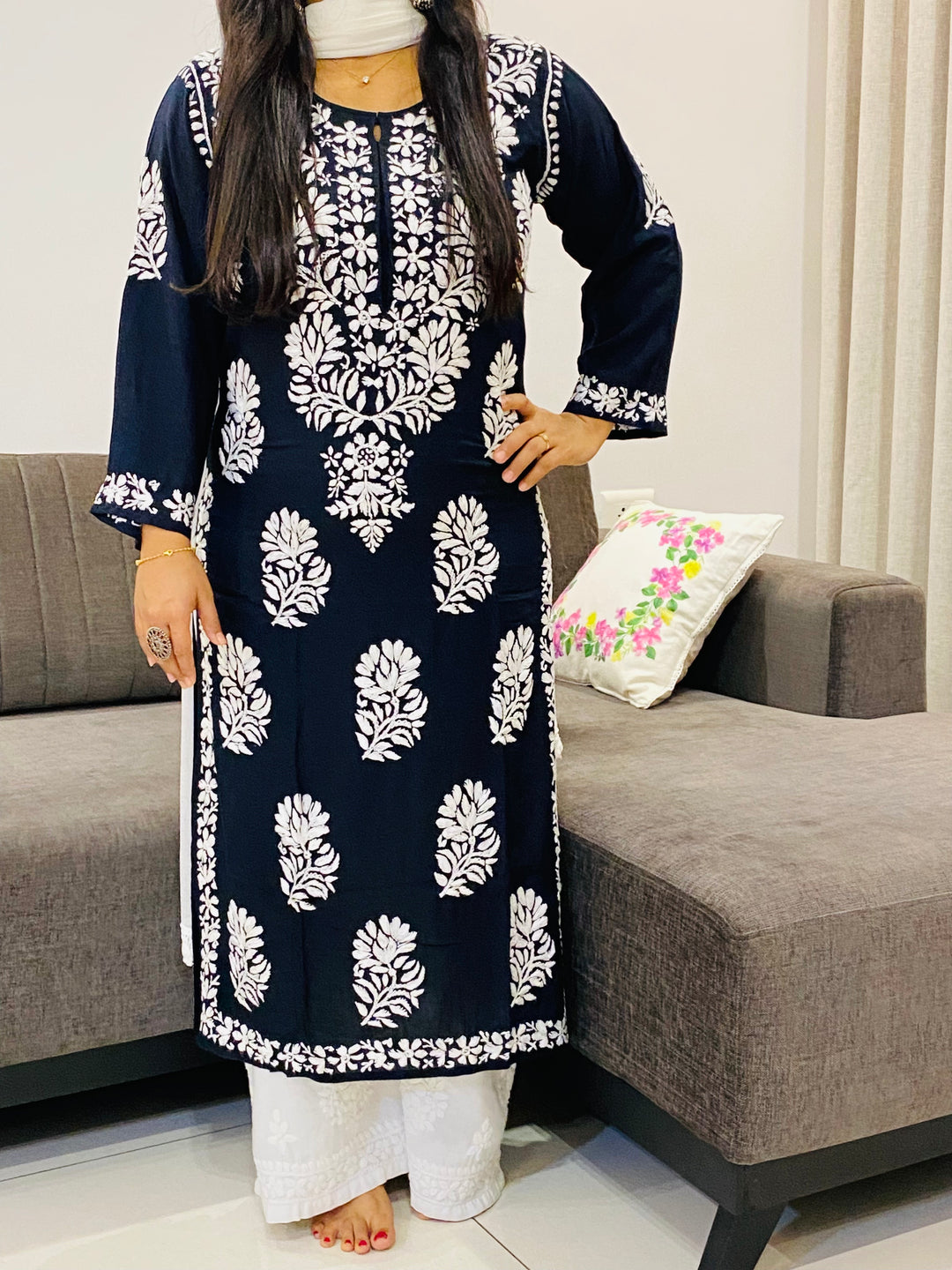 Black Kaira Modal Chikankari Hand Embroidered Women's Long Kurta