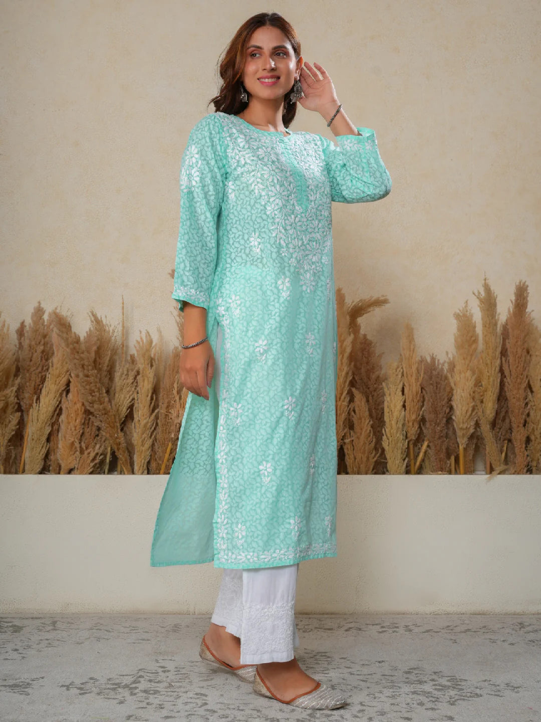 Aadita Mulmul Cotton Chikankari Handwork Women's Floral Long Kurta - Aqua