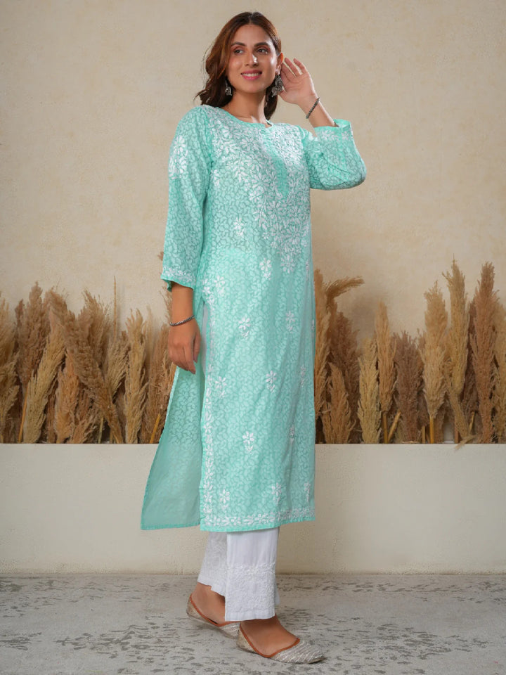 Aadita Mulmul Cotton Chikankari Handwork Women's Floral Long Kurta - Aqua