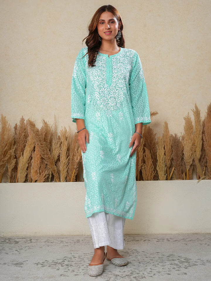 Aadita Mulmul Cotton Chikankari Handwork Women's Floral Long Kurta - Aqua