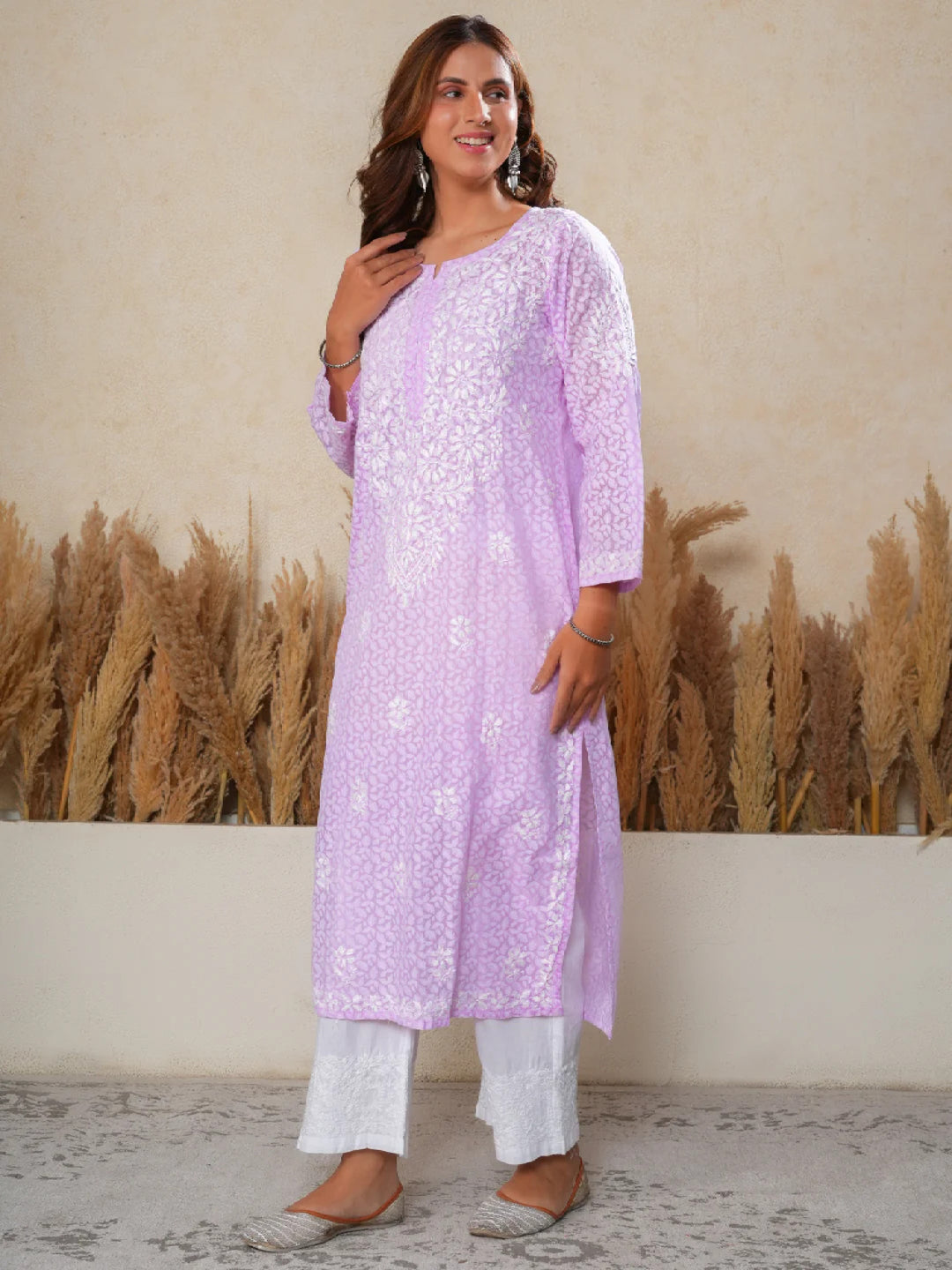 Aadita Mulmul Cotton Chikankari Handwork Women's Floral Long Kurta - Lilac