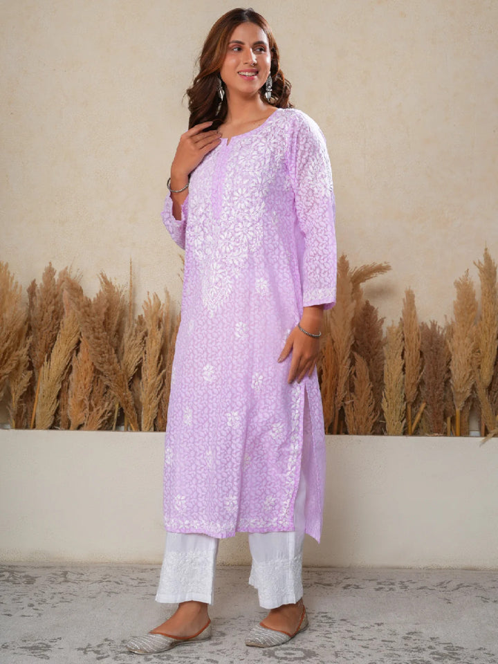 Aadita Mulmul Cotton Chikankari Handwork Women's Floral Long Kurta - Lilac