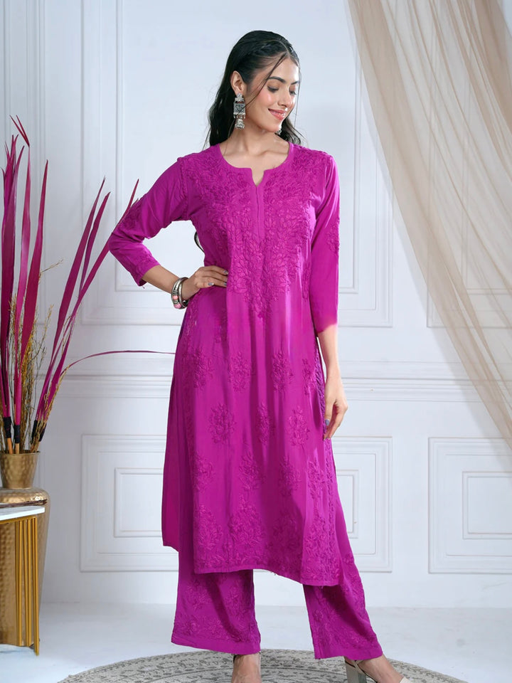 Palak Premium Chikankari Hand Embroidered Kurta Palazzo Set - Purple