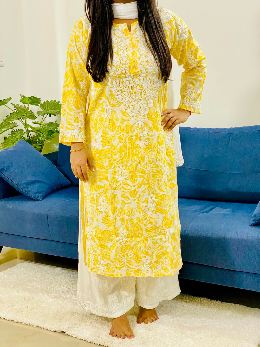 Yellow & White Inayat Cotton Chikankari Hand Embroidered Women's Long Kurta