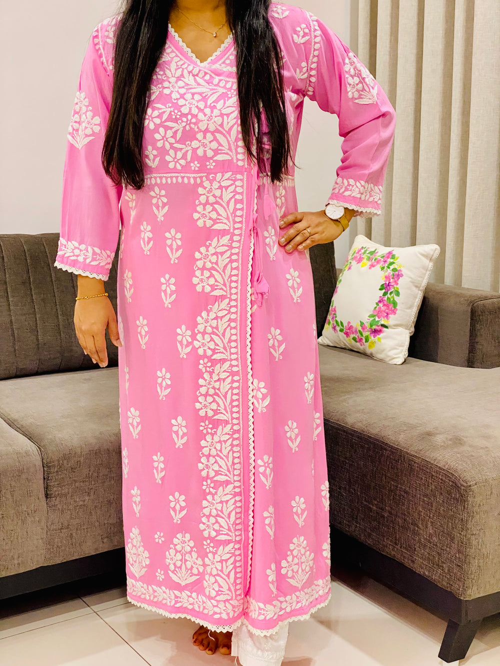 Pink Tripti Rayon Chikankari Handwork Solid Women's Angrakha Kurta
