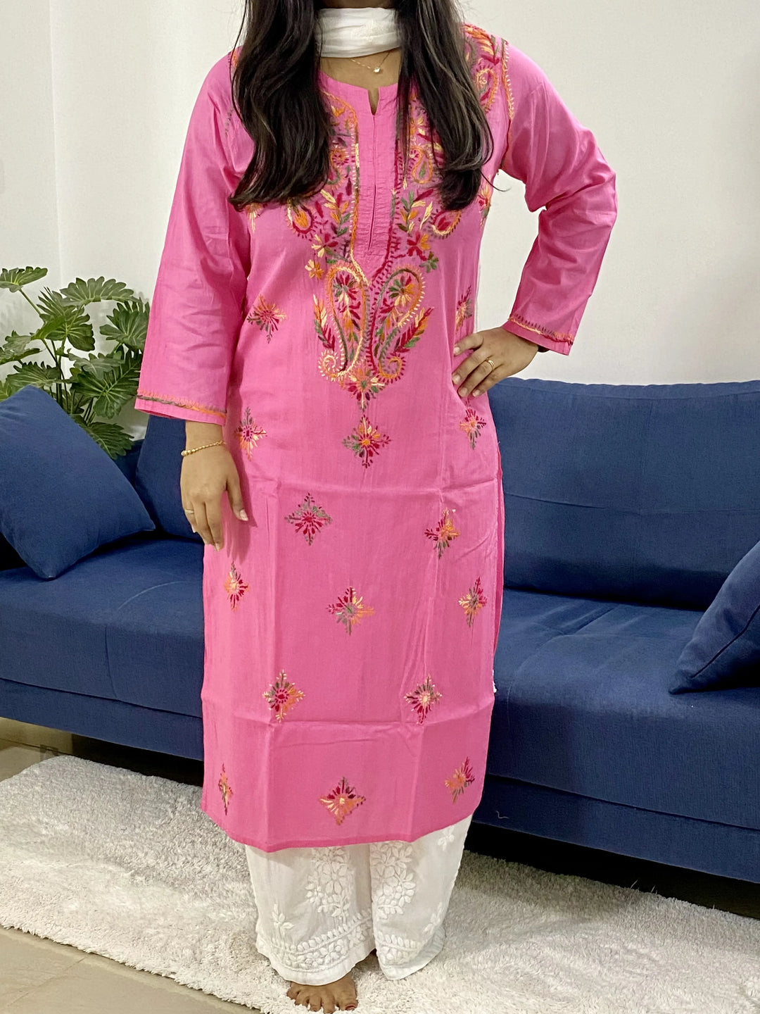 Pink Keri Cotton Chikankari Handwork Women's Solid Long Kurti